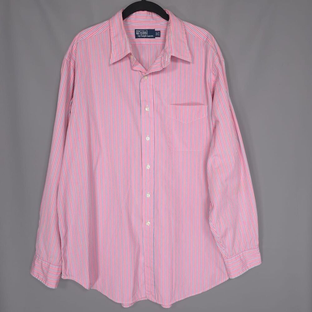 POLO RALPH LAUREN Men’s Shirt 17.5 34/35 Striped Pink Blue Vintage